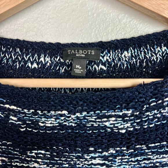 Talbots Blue Striped Open Knit Boatneck Sweater Beach Coastal Size Medium Petite - Picture 3 of 7